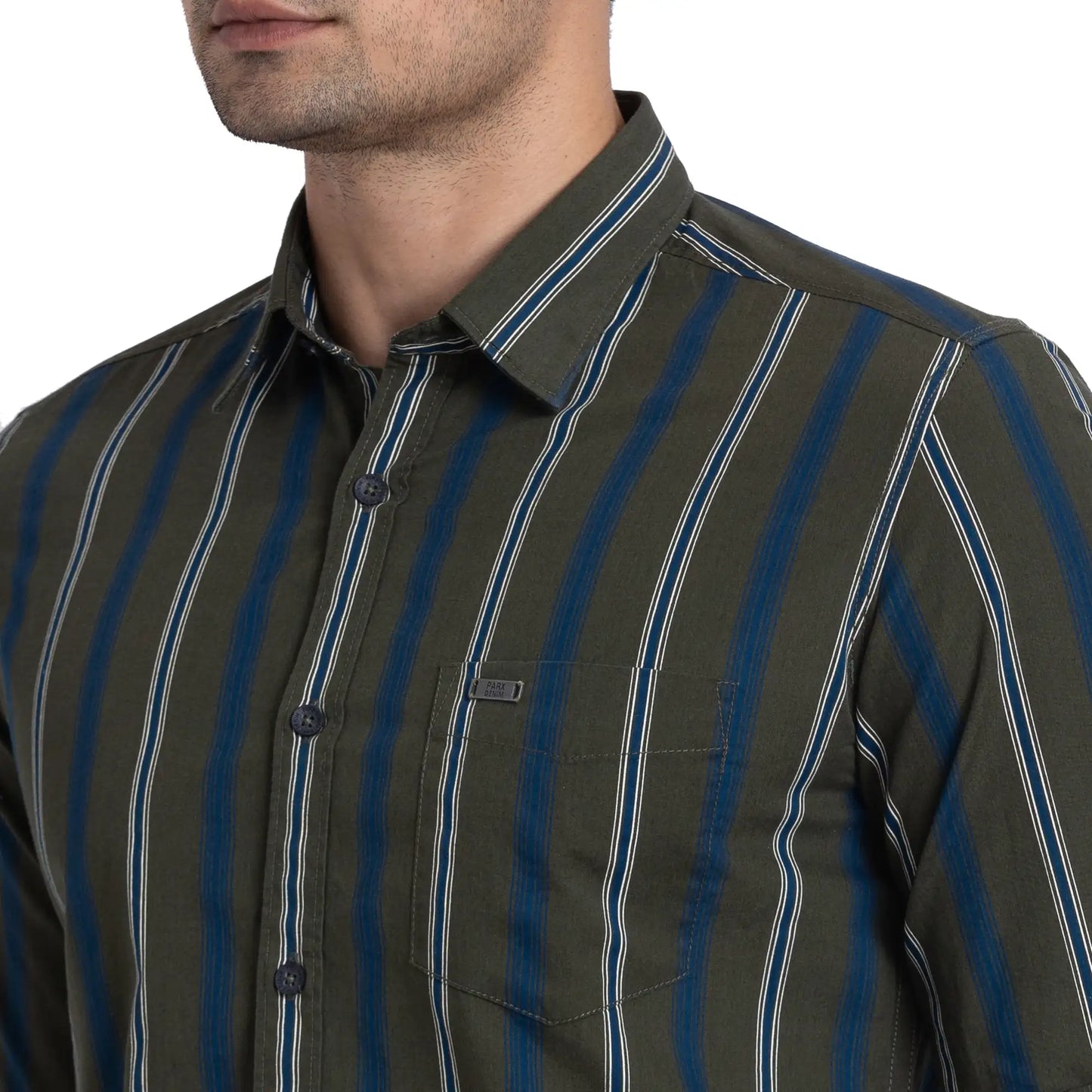 Parx Men Green Stripe Slim Fit Cotton Full Sleeve Cutway Collar Shirt