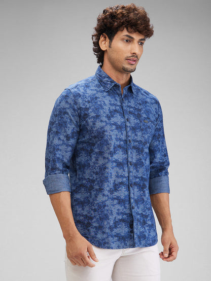 Parx Blue Printed Slim Fit Cotton Casual Shirt