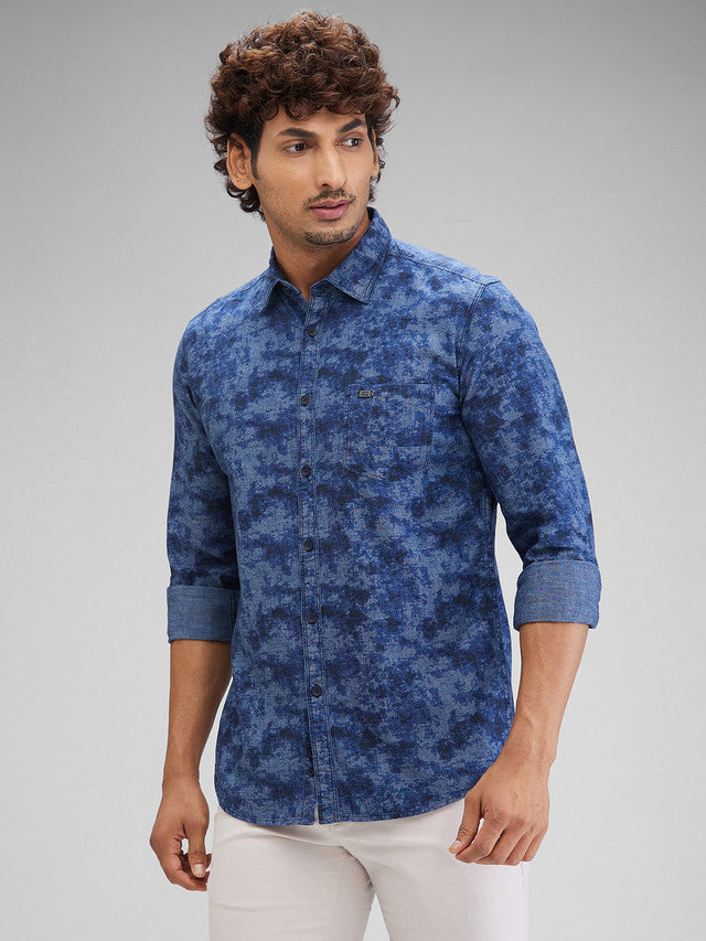 Parx Blue Printed Slim Fit Cotton Casual Shirt