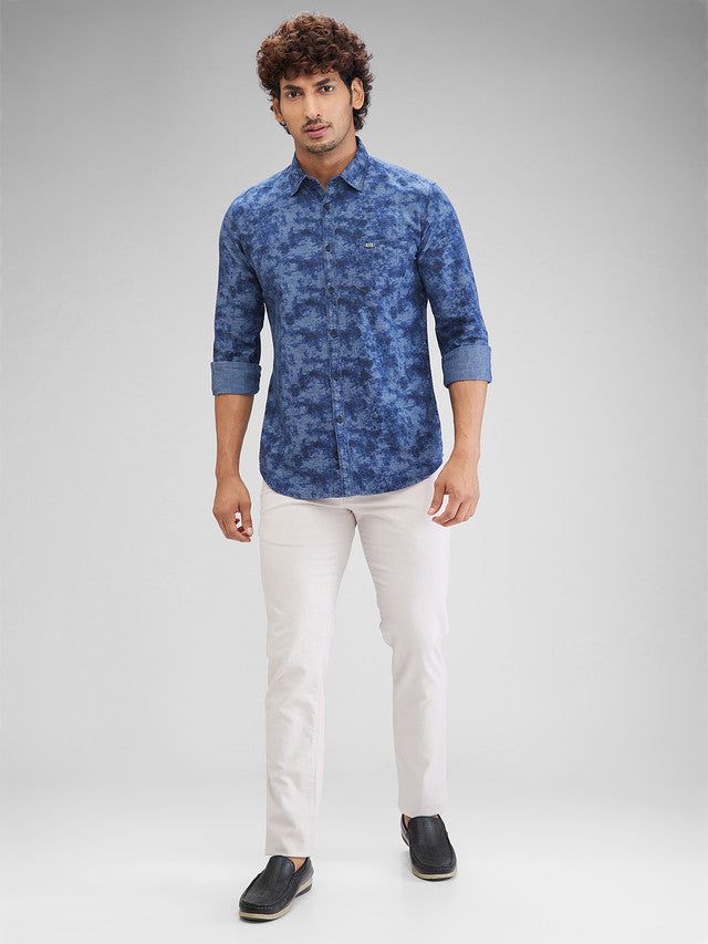 Parx Blue Printed Slim Fit Cotton Casual Shirt
