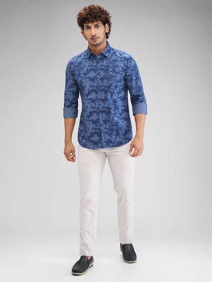 Parx Blue Printed Slim Fit Cotton Casual Shirt