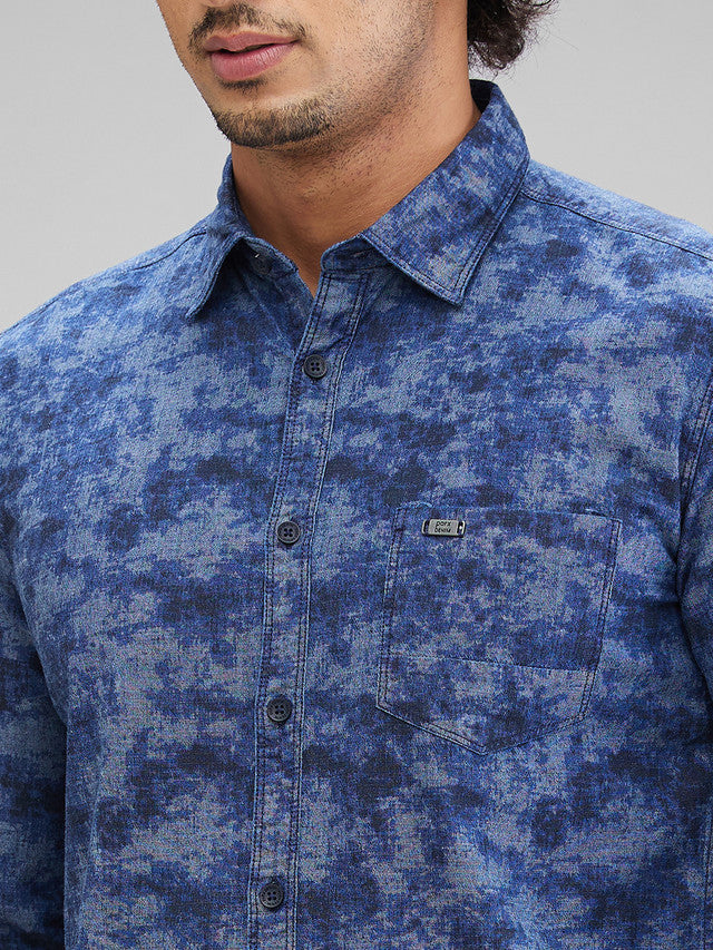 Parx Blue Printed Slim Fit Cotton Casual Shirt