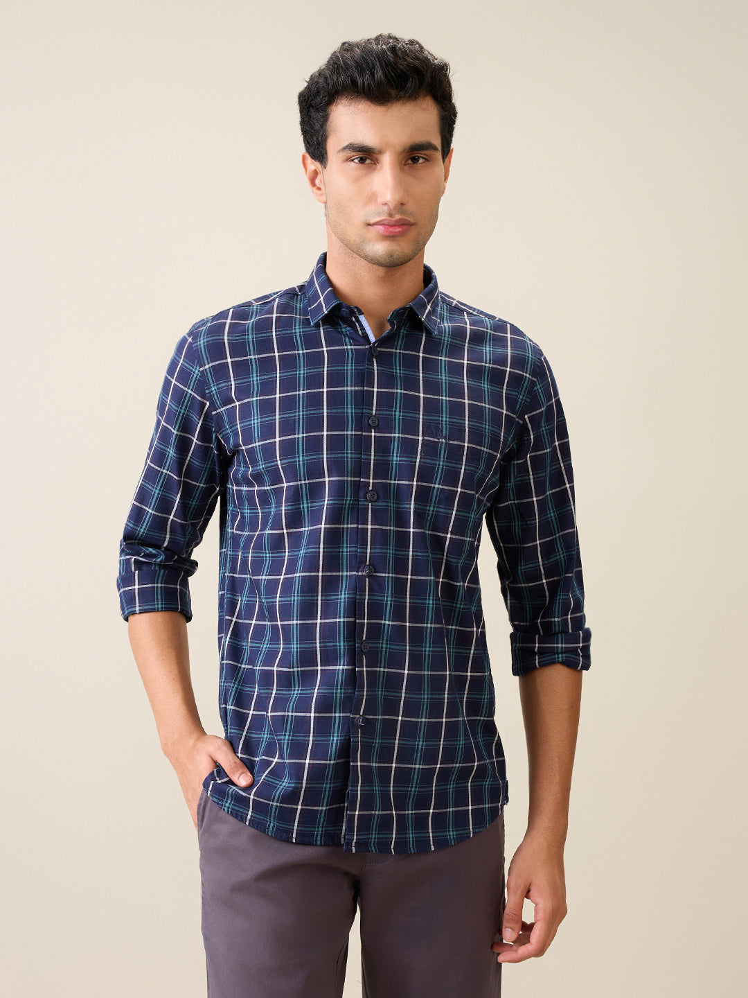 Parx Men Blue Checks Slim Fit Cotton Casual Shirt