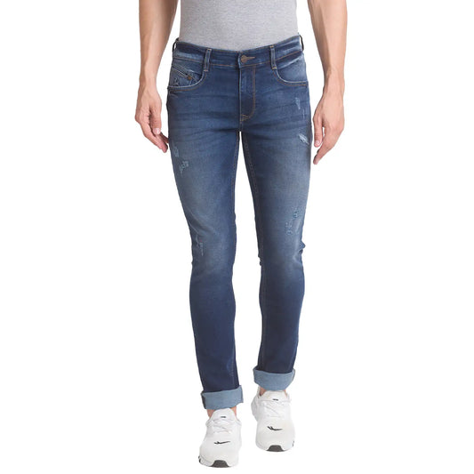 Men Blue Skinny Cropped Fit Plain Cotton Blend Jeans