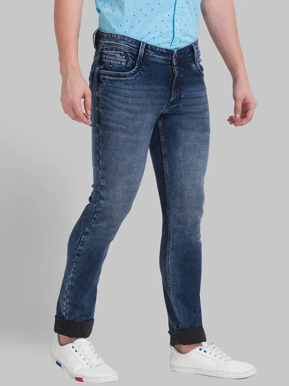 Men Blue Slim Tapered Fit Dobby Cotton Blend Jeans