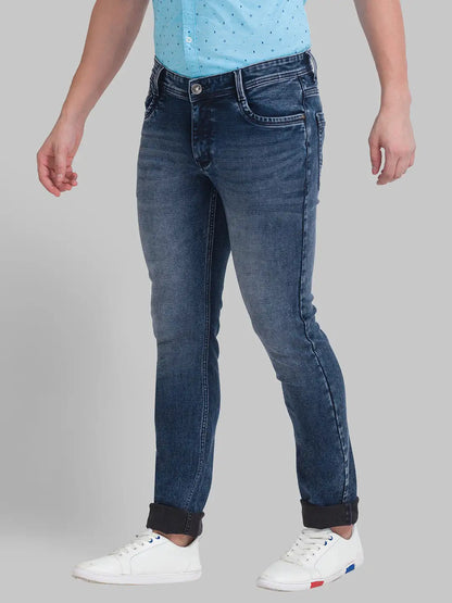 Men Blue Slim Tapered Fit Dobby Cotton Blend Jeans