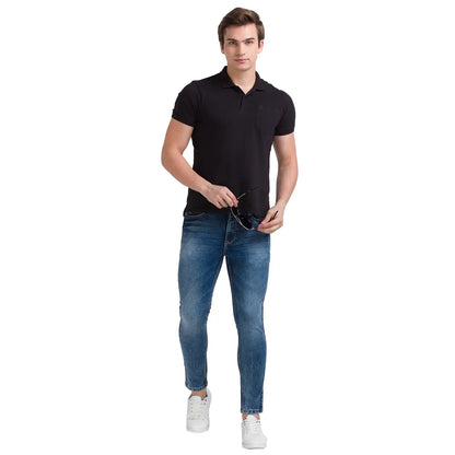 Men Blue Skinny Cropped Fit Dobby Cotton Blend Jeans