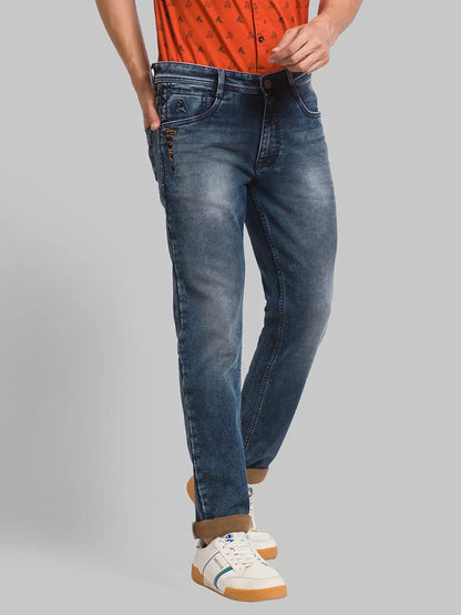 Parx Men Blue Jacquard Slim Tapered Fit Cotton Blend Jeans
