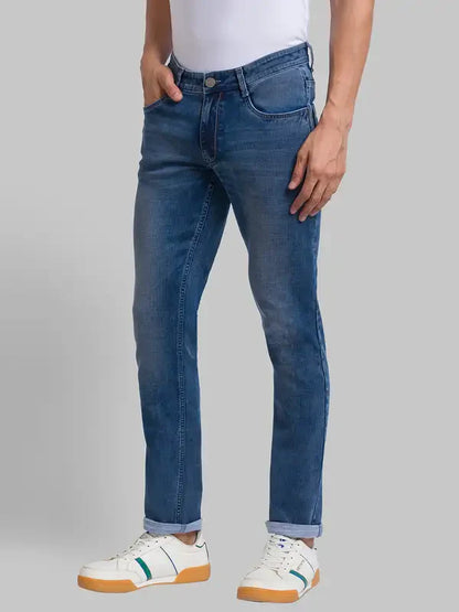 Men Blue Slim Tapered Fit Jacquard Cotton Blend Jeans