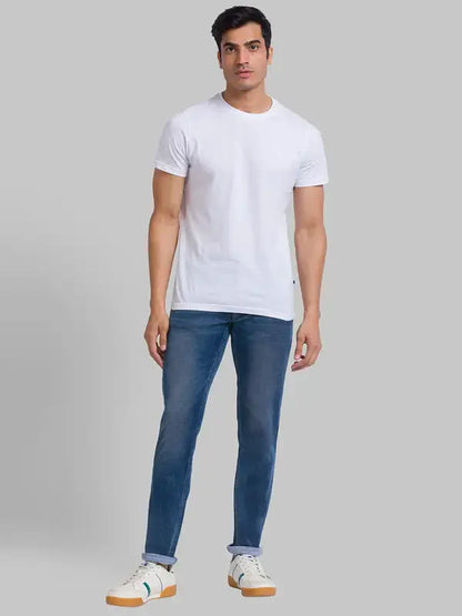 Men Blue Slim Tapered Fit Jacquard Cotton Blend Jeans
