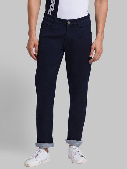 Parx Blue Jacquard Slim Tapered Fit Cotton Blend Jeans