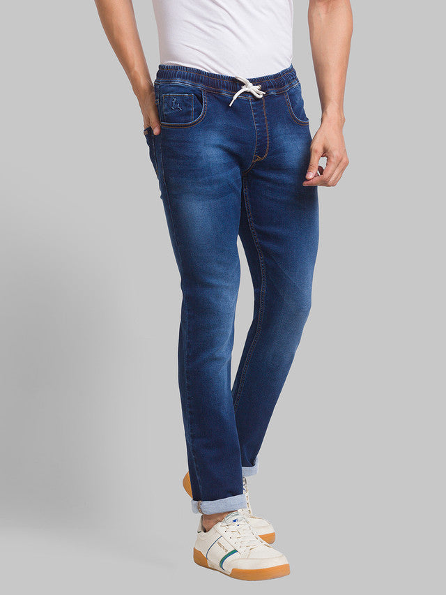 Parx Blue Jacquard Jogger Fit Cotton Blend Jeans