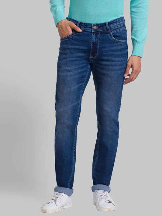 Men Blue Slim Tapered Fit Jacquard Cotton Blend Jeans