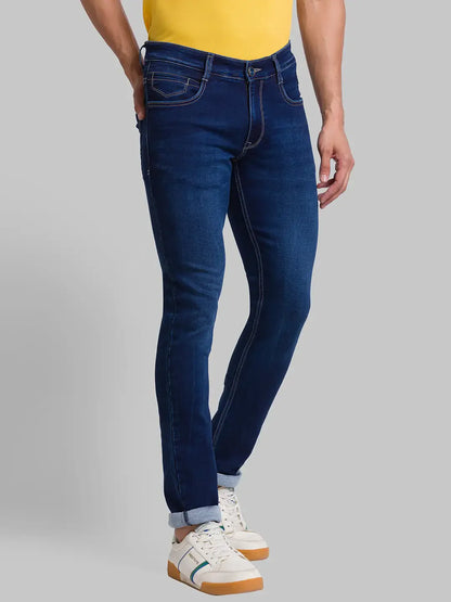 Men Blue Slim Tapered Fit Jacquard Cotton Blend Jeans