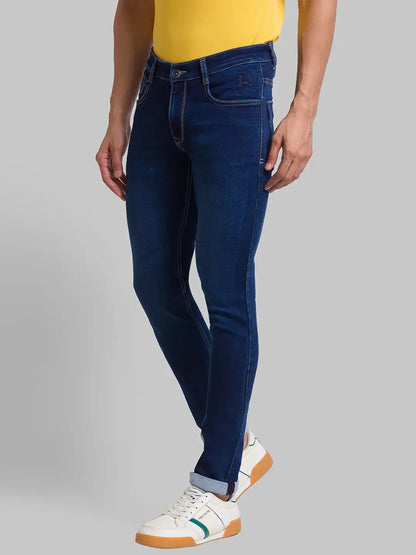 Men Blue Slim Tapered Fit Jacquard Cotton Blend Jeans