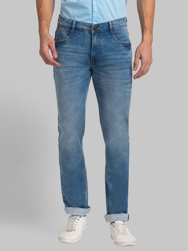 Parx Blue Plain Slim Tapered Fit Cotton Blend Jeans