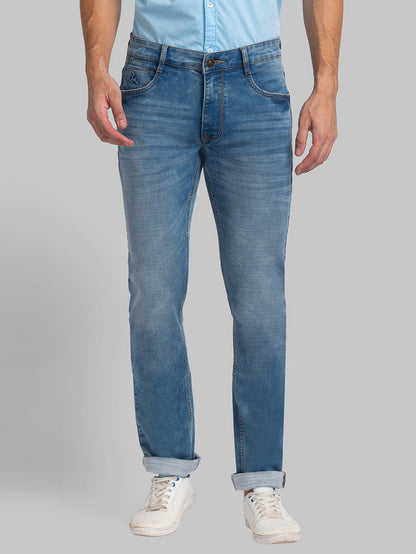 Parx Blue Plain Slim Tapered Fit Cotton Blend Jeans