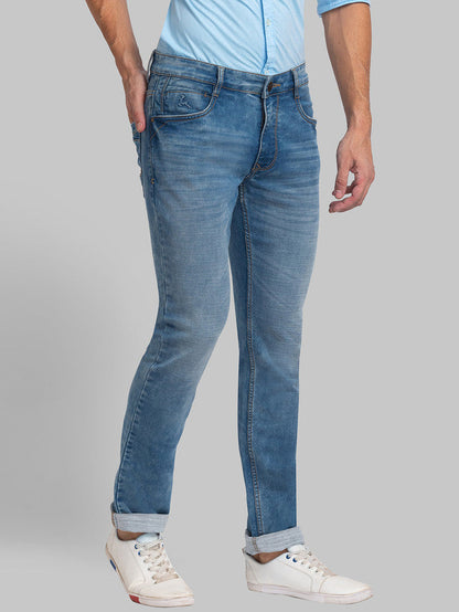 Parx Blue Plain Slim Tapered Fit Cotton Blend Jeans