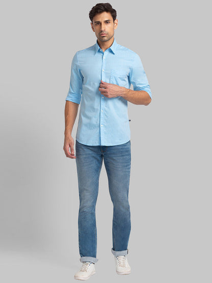 Parx Blue Plain Slim Tapered Fit Cotton Blend Jeans