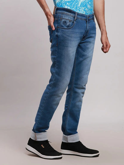 Men Blue Slim Tapered Fit Plain Cotton Blend Jeans