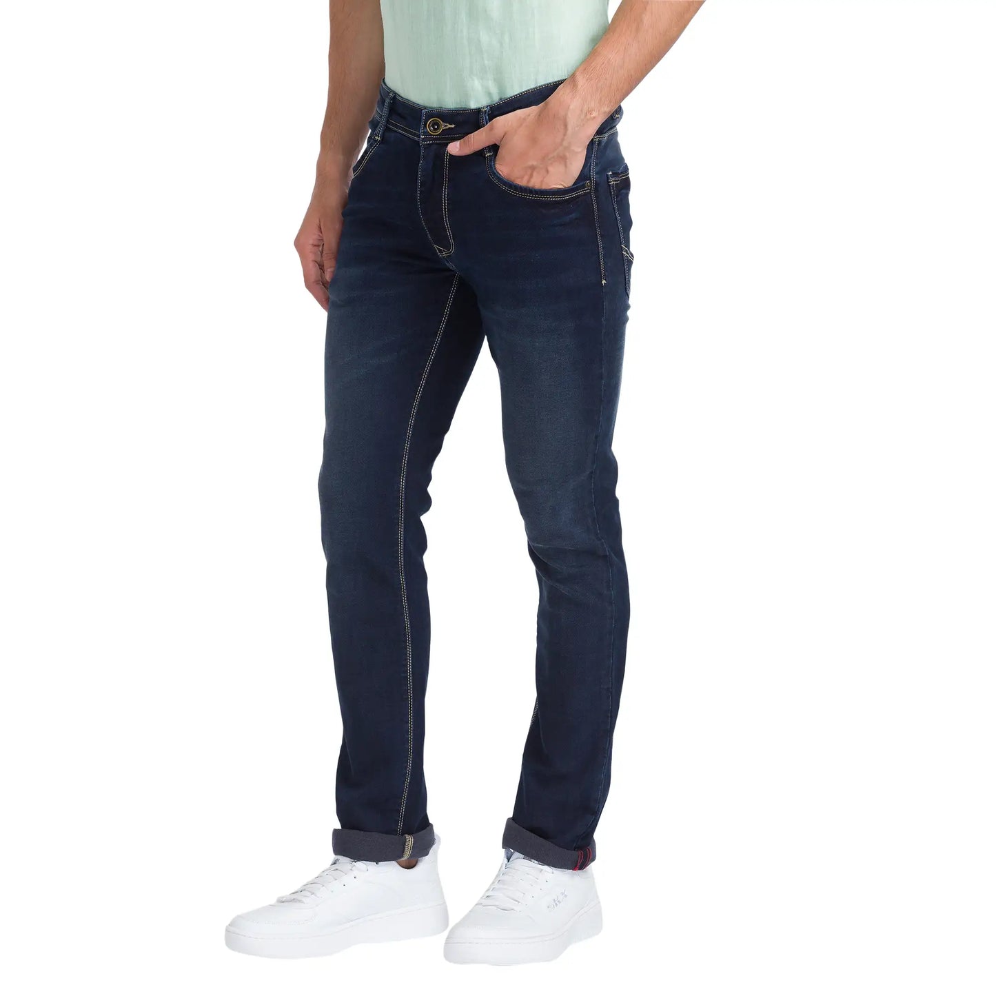 Men Blue Slim Tapered Fit Dobby Cotton Blend Jeans