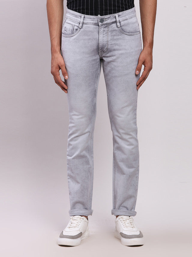 Parx Grey Knitted Low Rise Tapered Fit Cotton Blend Jeans