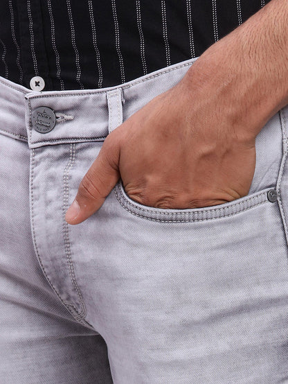 Parx Grey Knitted Low Rise Tapered Fit Cotton Blend Jeans