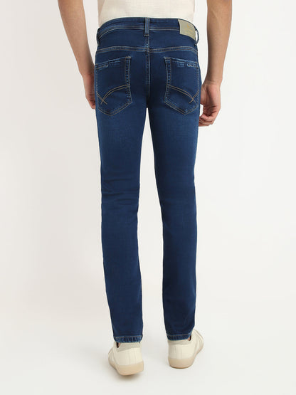 Parx Men Blue Dobby Low Rise Tapered Fit Cotton Blend Jeans