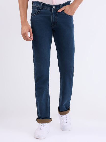 Parx Men Blue Knitted Low Rise Tapered Fit Cotton Blend Jeans