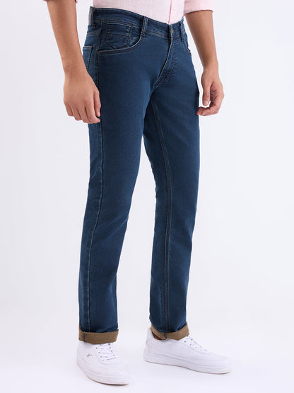 Parx Men Blue Knitted Low Rise Tapered Fit Cotton Blend Jeans