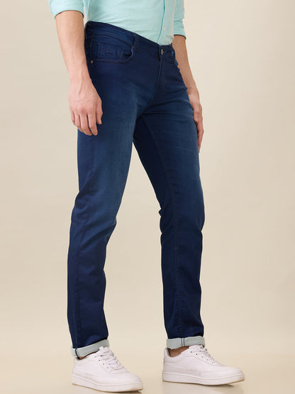 Parx Men Blue Knitted Low Rise Tapered Fit Cotton Blend Jeans