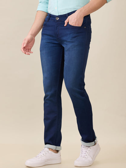 Parx Men Blue Knitted Low Rise Tapered Fit Cotton Blend Jeans