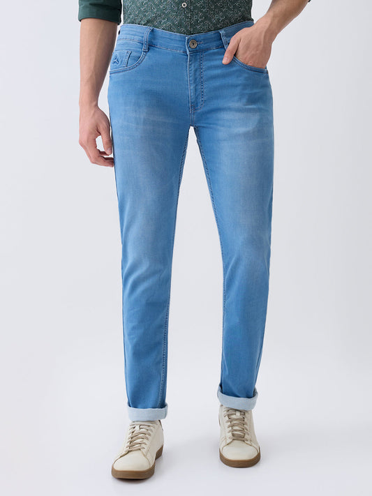 Parx Men Blue Knitted Low Rise Tapered Fit Cotton Blend Jeans