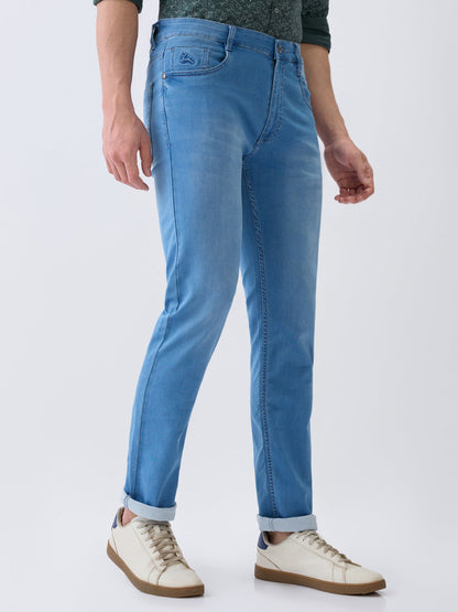 Parx Men Blue Knitted Low Rise Tapered Fit Cotton Blend Jeans