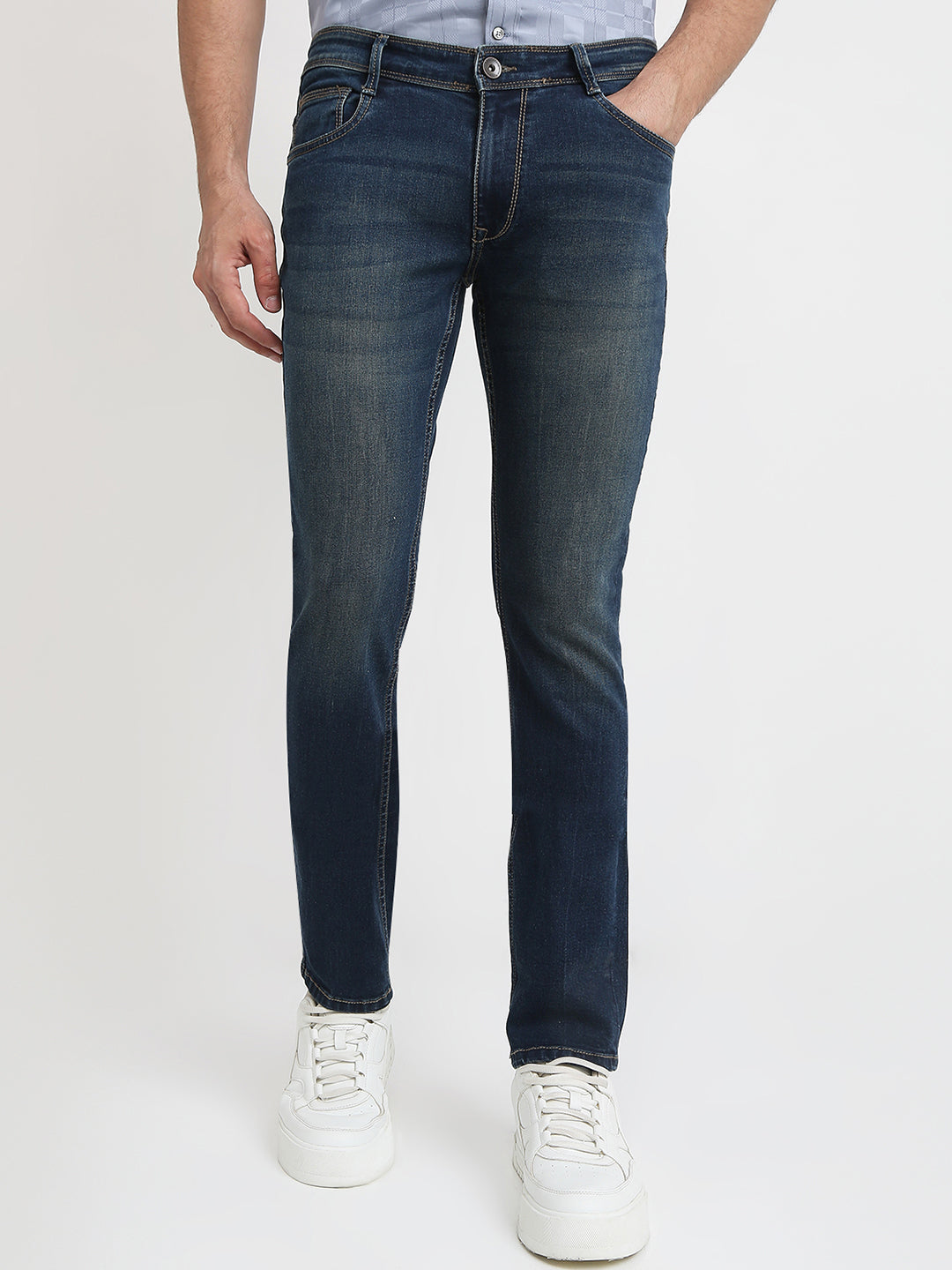 Parx Men Blue Twill Low Rise Tapered Fit Cotton Blend Jeans