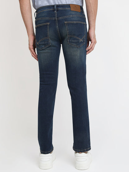 Parx Men Blue Twill Low Rise Tapered Fit Cotton Blend Jeans