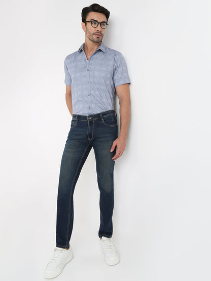 Parx Men Blue Twill Low Rise Tapered Fit Cotton Blend Jeans