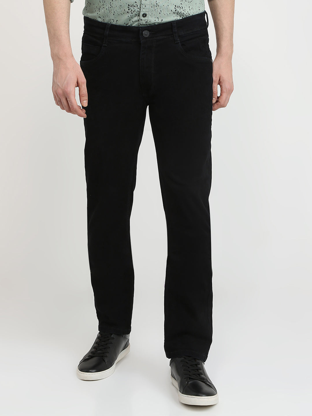 Parx Men Black Dobby Low Rise Tapered Fit Cotton Blend Jeans