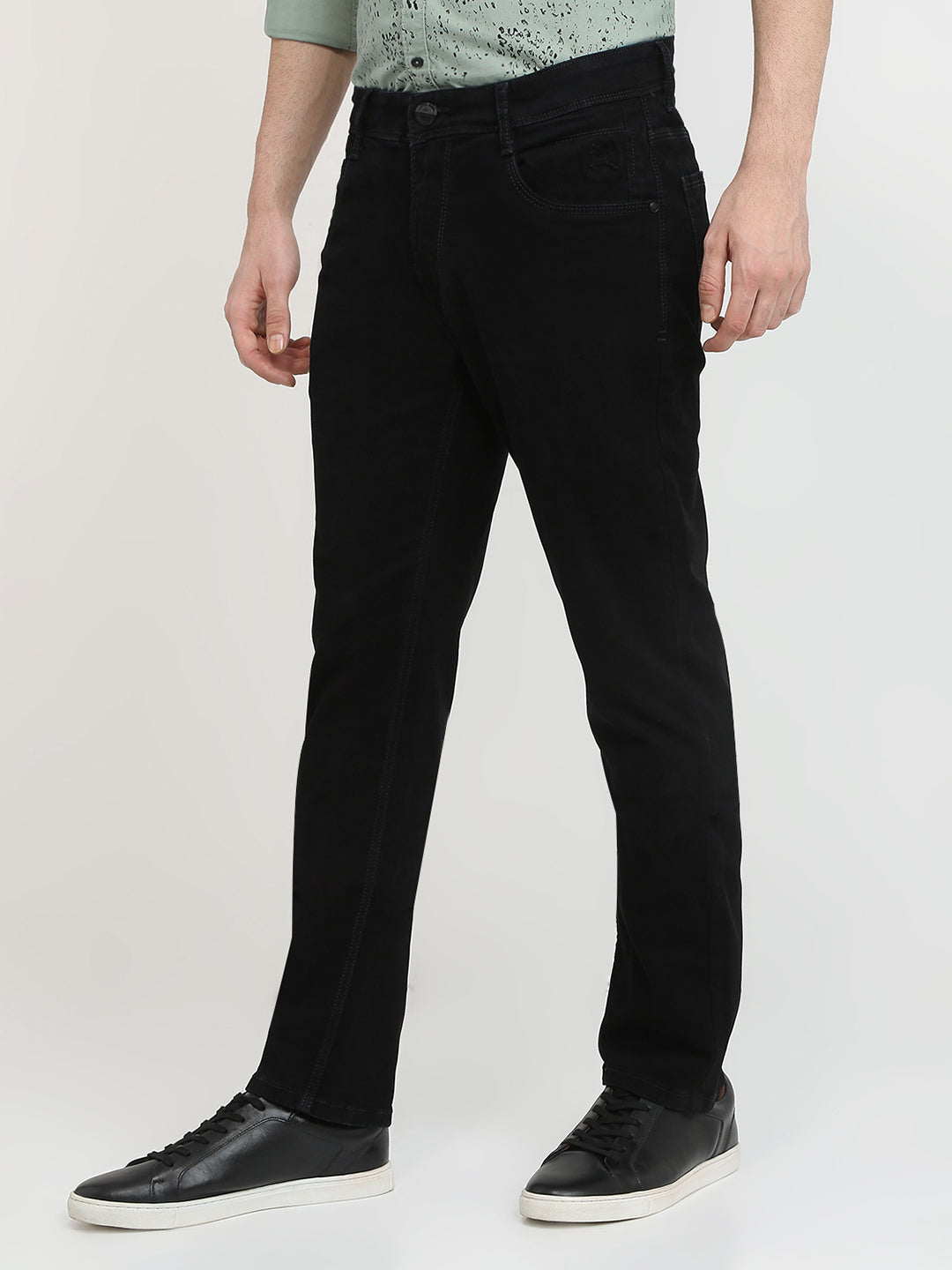 Parx Men Black Dobby Low Rise Tapered Fit Cotton Blend Jeans