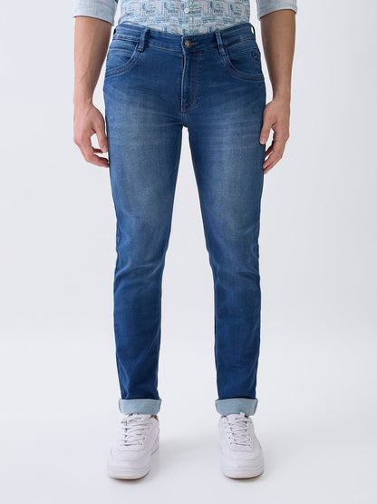 Parx Men Blue Knitted Low Rise Tapered Fit Cotton Blend Jeans