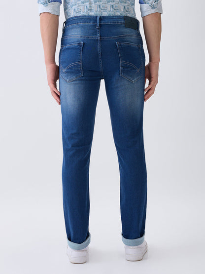 Parx Men Blue Knitted Low Rise Tapered Fit Cotton Blend Jeans