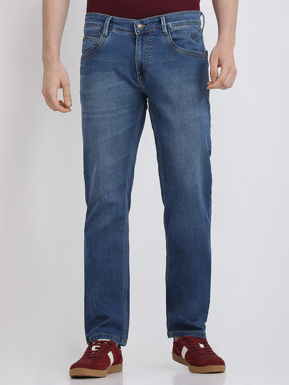 Parx Men Blue Knitted Low Rise Tapered Fit Cotton Blend Jeans