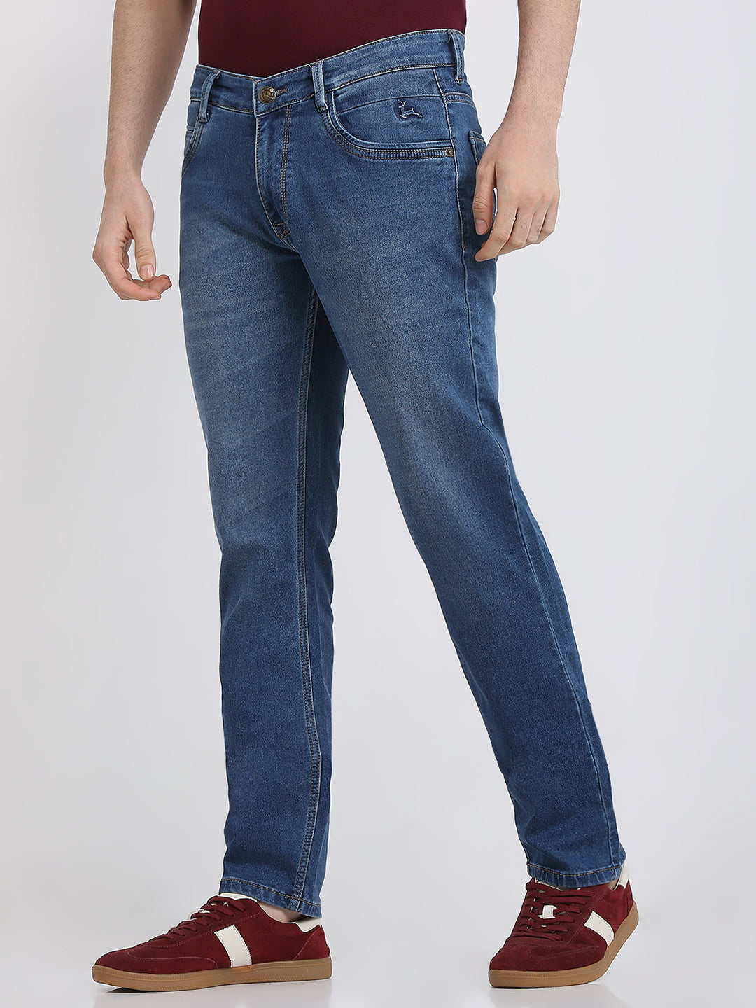 Parx Men Blue Knitted Low Rise Tapered Fit Cotton Blend Jeans