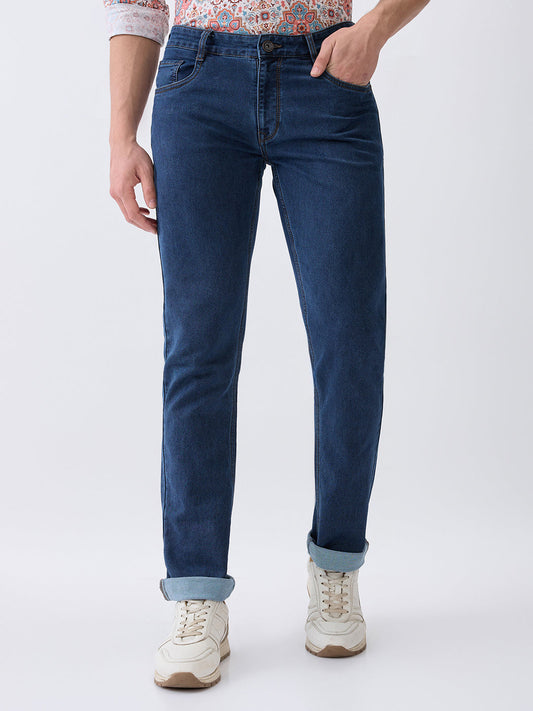 Parx Men Blue Knitted Low Rise Tapered Fit Cotton Blend Jeans