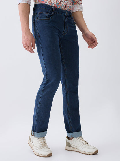 Parx Men Blue Knitted Low Rise Tapered Fit Cotton Blend Jeans