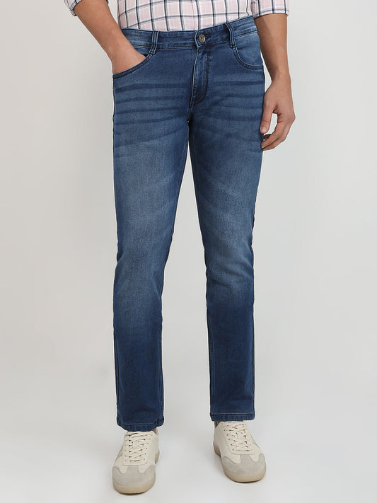 Parx Men Blue Knitted Low Rise Tapered Fit Cotton Blend Jeans