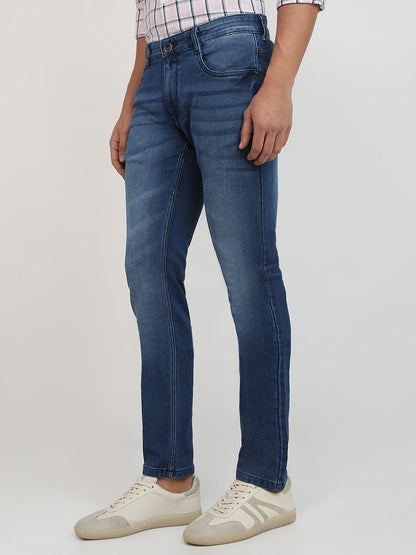 Parx Men Blue Knitted Low Rise Tapered Fit Cotton Blend Jeans