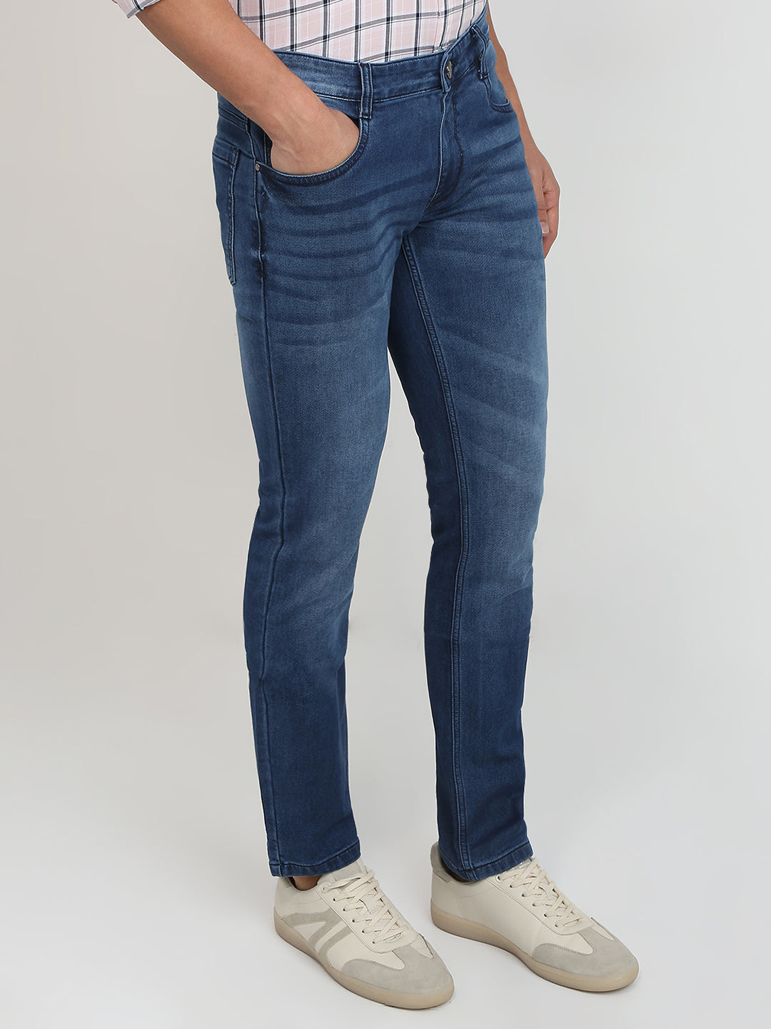Parx Men Blue Knitted Low Rise Tapered Fit Cotton Blend Jeans
