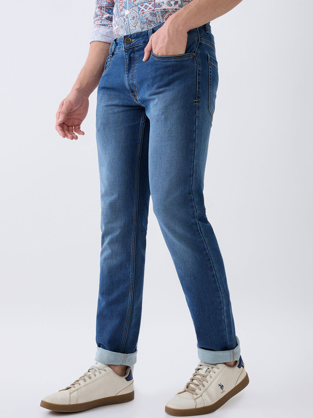 Parx Men Blue Knitted Low Rise Tapered Fit Cotton Blend Jeans