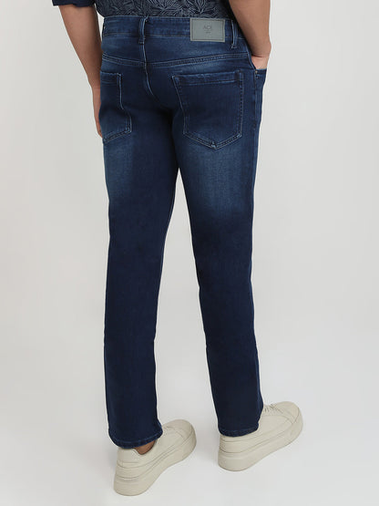 Parx Men Blue Knitted Low Rise Tapered Fit Cotton Blend Jeans